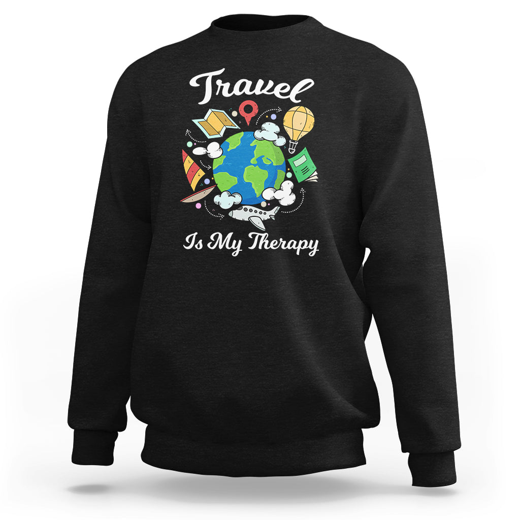 Black crewneck sweatshirt with globe graphic and 'Is My Therapy' wording.