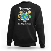 Black crewneck sweatshirt with globe graphic and 'Is My Therapy' wording.