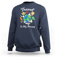 Navy crewneck sweatshirt with globe graphic and 'Is My Therapy' wording.