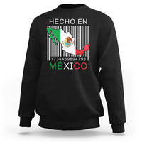 Black crewneck sweatshirt with 'HECHO EN MEXICO' barcode flag graphic on chest