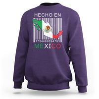 Purple crewneck sweatshirt with 'HECHO EN MEXICO' barcode flag graphic on chest