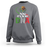 Gray sweatshirt with front "IT'S IN MY DNA" graphic and colorful DNA helix.