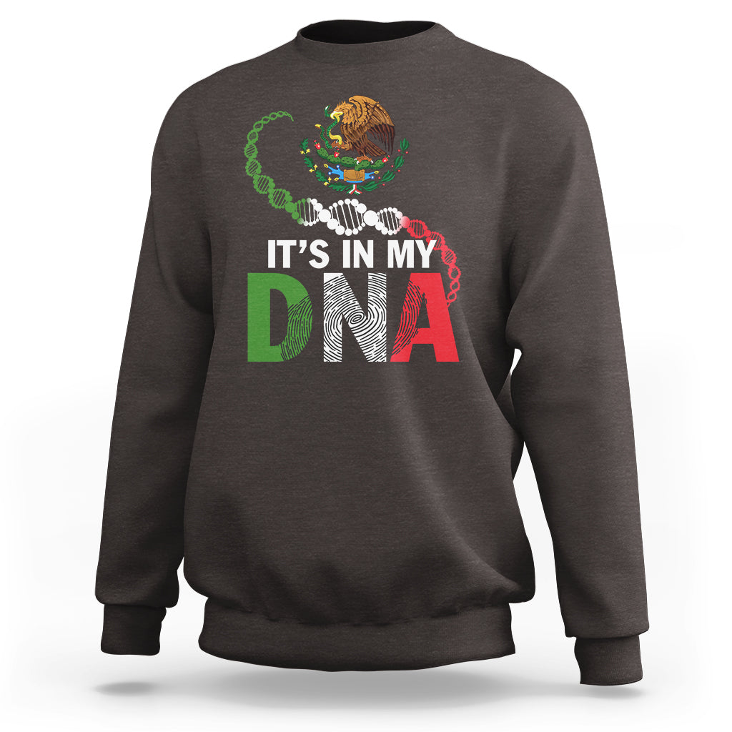 Charcoal sweatshirt with front "IT'S IN MY DNA" graphic and colorful DNA helix.