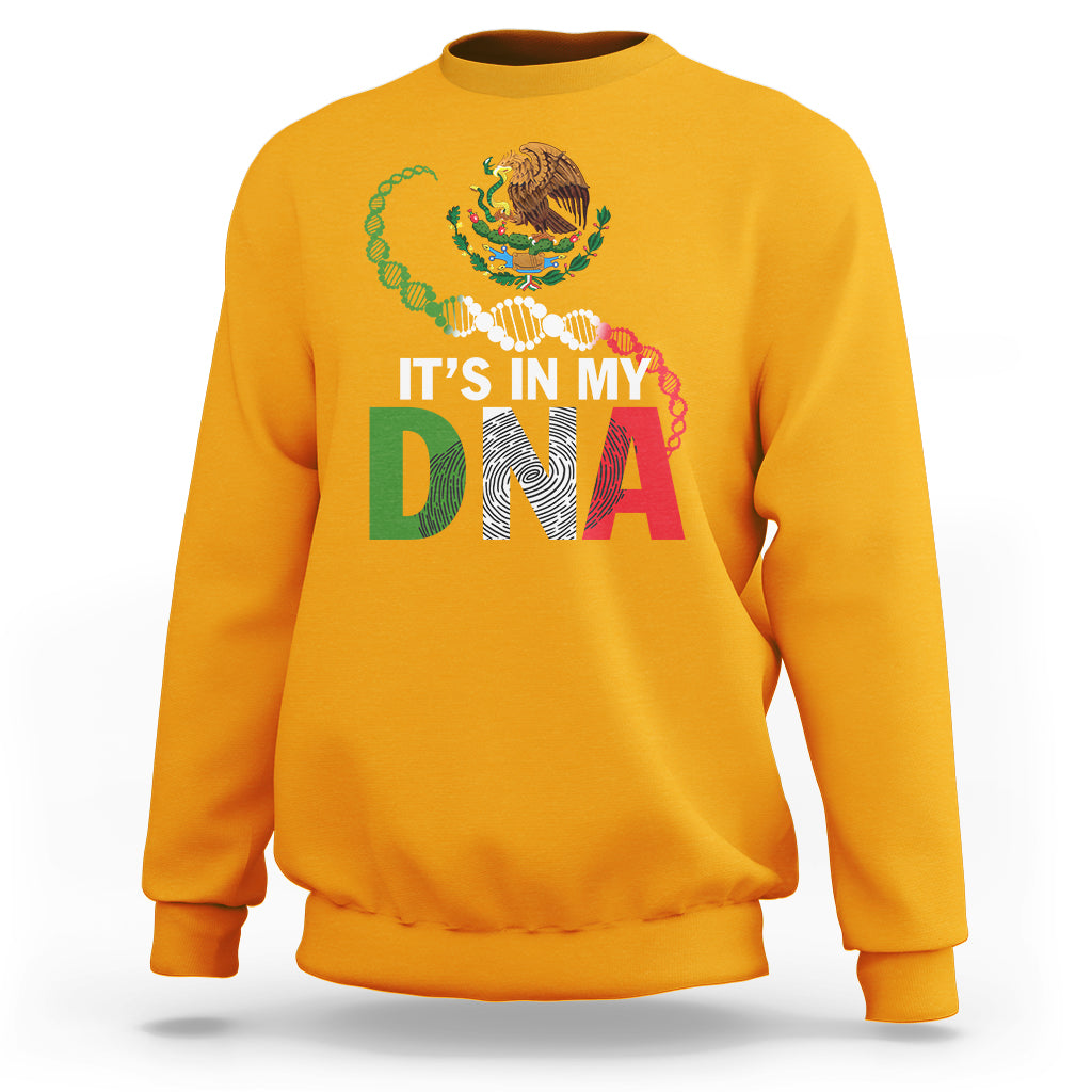 Gold sweatshirt with front "IT'S IN MY DNA" graphic and colorful DNA helix.