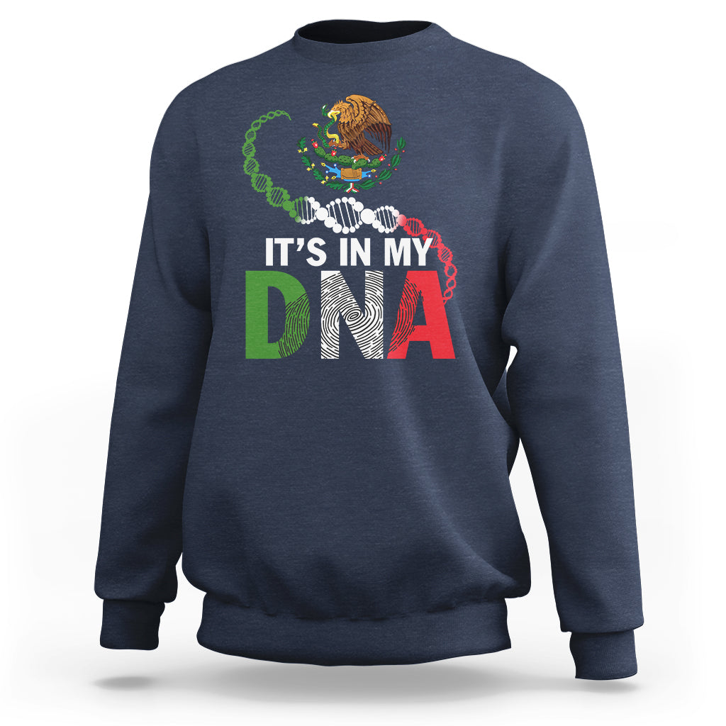 Navy sweatshirt with front "IT'S IN MY DNA" graphic and colorful DNA helix.