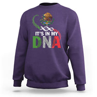 Purple sweatshirt with front "IT'S IN MY DNA" graphic and colorful DNA helix.