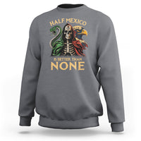 Charcoal gray crewneck sweatshirt with front graphic print: Half Mexico is better than none