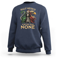 Navy crewneck sweatshirt with front graphic print: Half Mexico is better than none