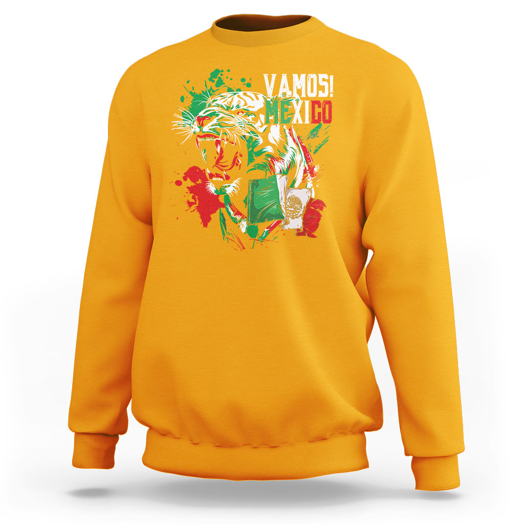 Gold Mexican soccer fan sweatshirt with tiger graphic and “Vamos Mexico” print