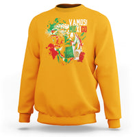 Gold Mexican soccer fan sweatshirt with tiger graphic and “Vamos Mexico” print