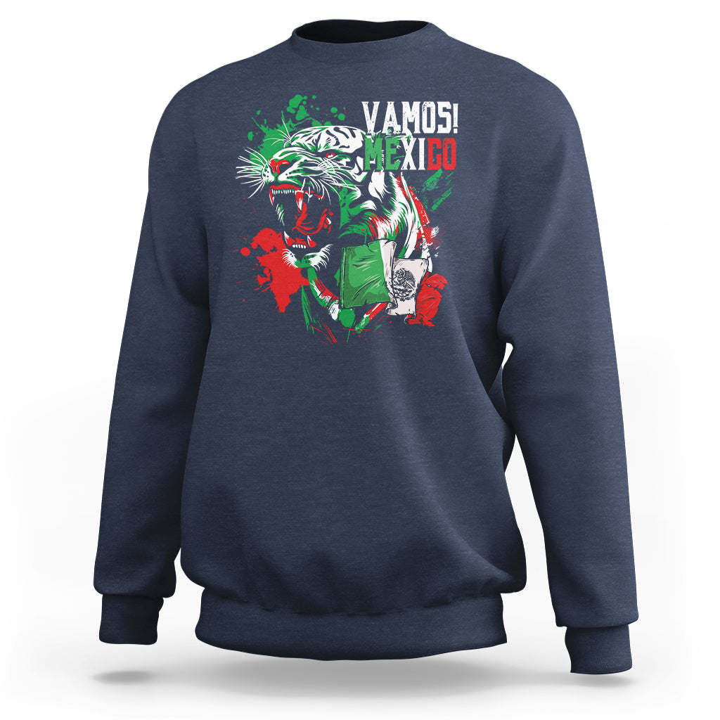 Navy Mexican soccer fan sweatshirt with tiger graphic and “Vamos Mexico” print