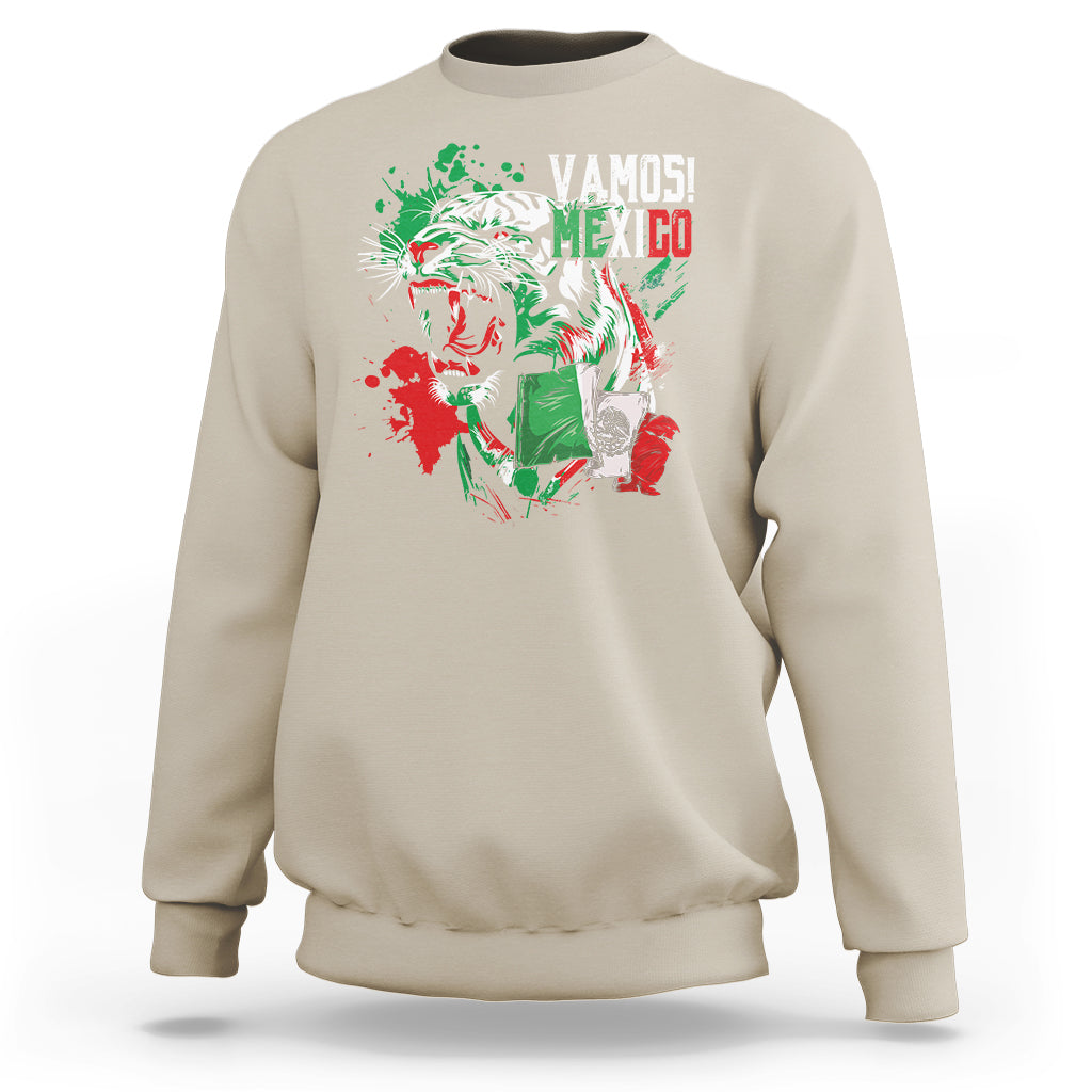 Sand Mexican soccer fan sweatshirt with tiger graphic and “Vamos Mexico” print