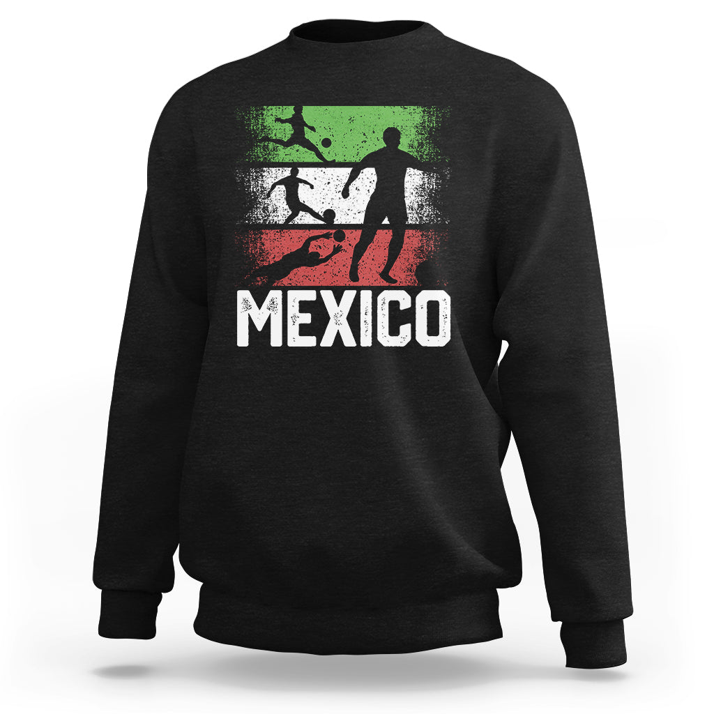 Black Mexico fan sweatshirt with front “MEXICO” soccer player graphic and stripes