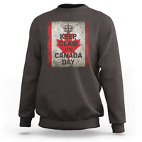 Dark brown Canada Day sweatshirt with Keep Clam It's Canada Day front graphic