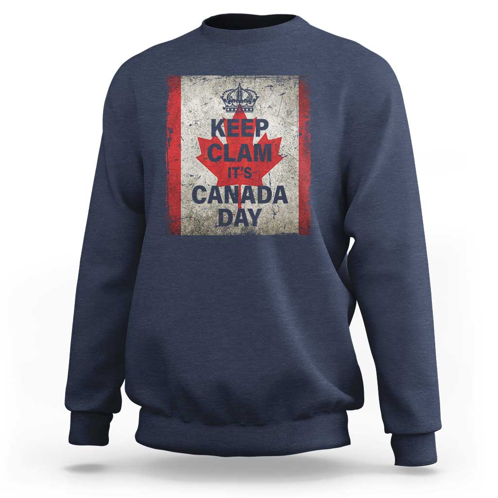 Navy Canada Day sweatshirt with Keep Clam It's Canada Day front graphic