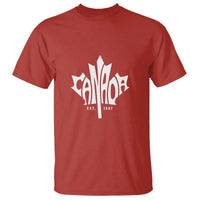 Red graphic T-shirt with white maple leaf and Canada Est. 1867 print