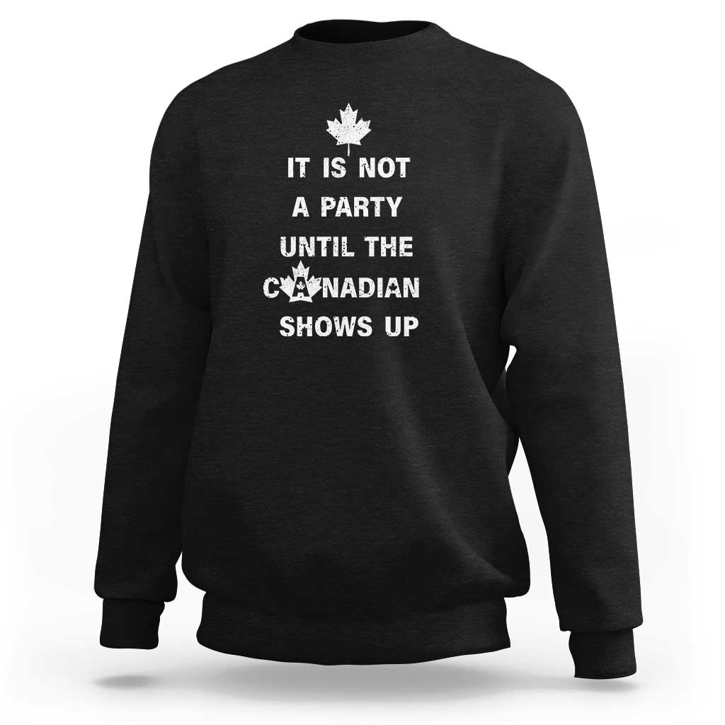 Black crewneck sweatshirt with white Canadian shows up graphic and maple leaf