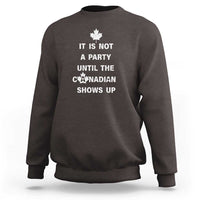 Charcoal crewneck sweatshirt with white Canadian shows up graphic and maple leaf