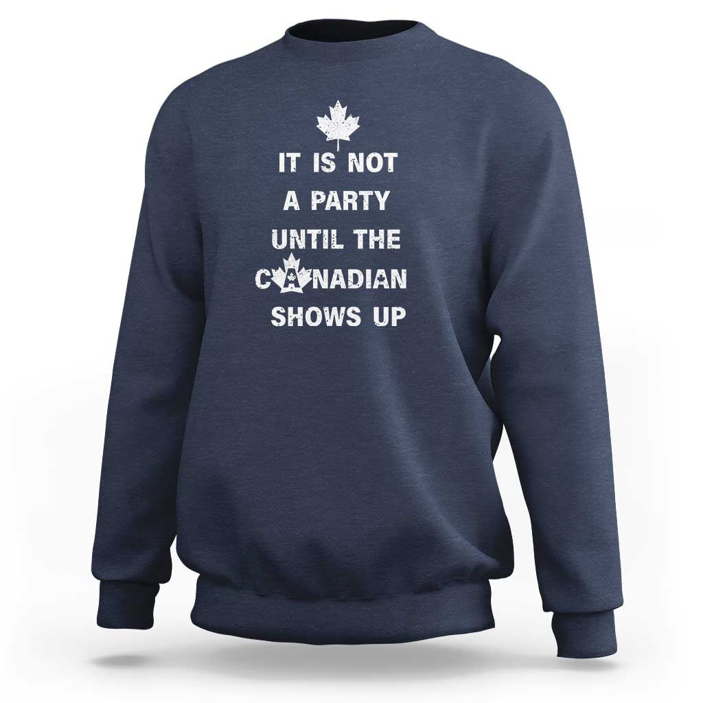 Navy crewneck sweatshirt with white Canadian shows up graphic and maple leaf