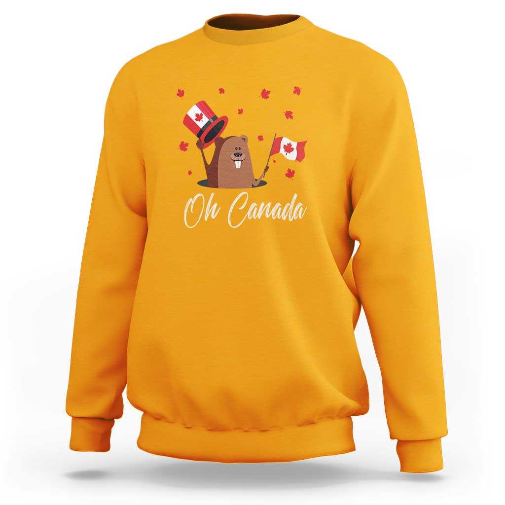 Gold yellow crewneck sweatshirt with groundhog holding Canadian flag, 'Oh Canada' front graphic.