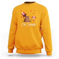 Gold yellow crewneck sweatshirt with groundhog holding Canadian flag, 'Oh Canada' front graphic.