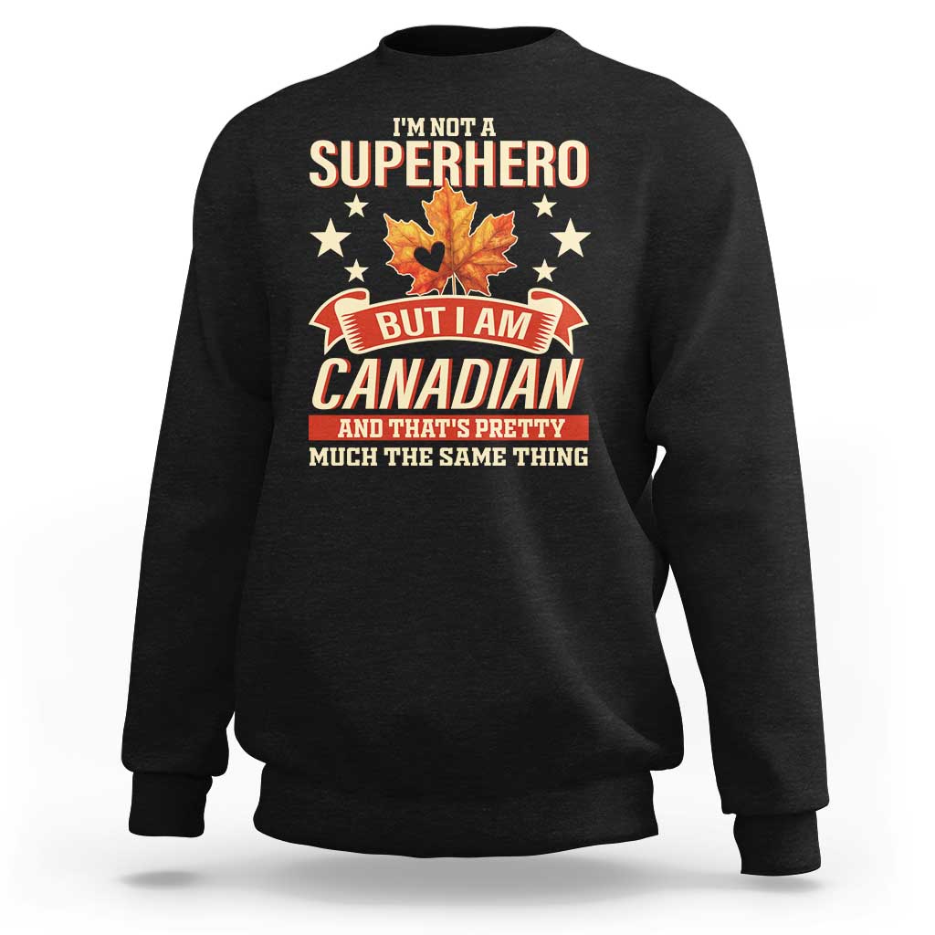 Black sweatshirt with Canadian-themed graphic, stars and maple leaf on the front