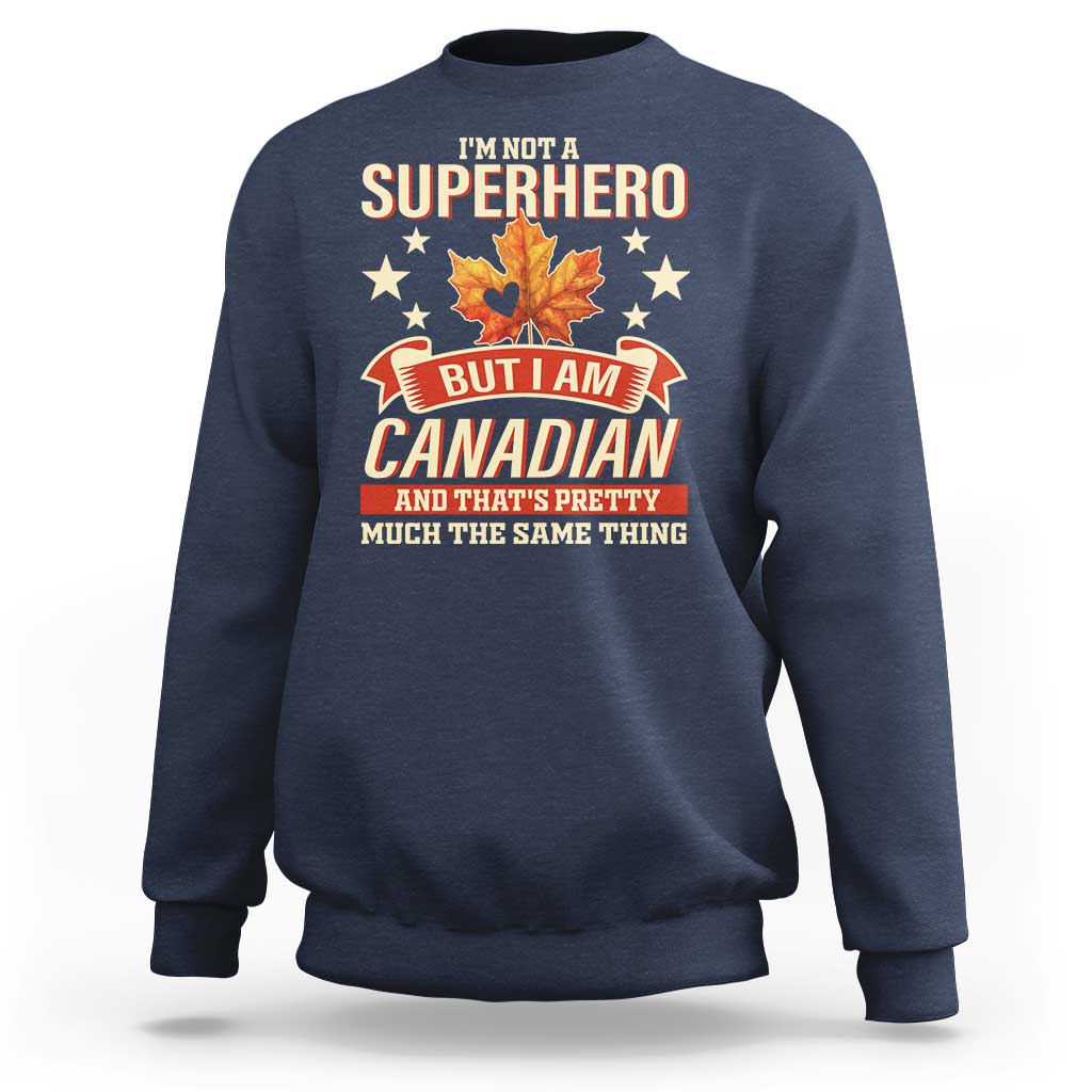 Navy sweatshirt with Canadian-themed graphic featuring stars, maple leaf, and text