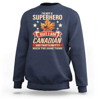 Navy sweatshirt with Canadian-themed graphic featuring stars, maple leaf, and text