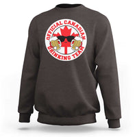 Dark chocolate crewneck sweatshirt with front beer-drinking team graphic