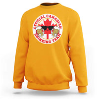 Gold crewneck sweatshirt with front beer-drinking team graphic