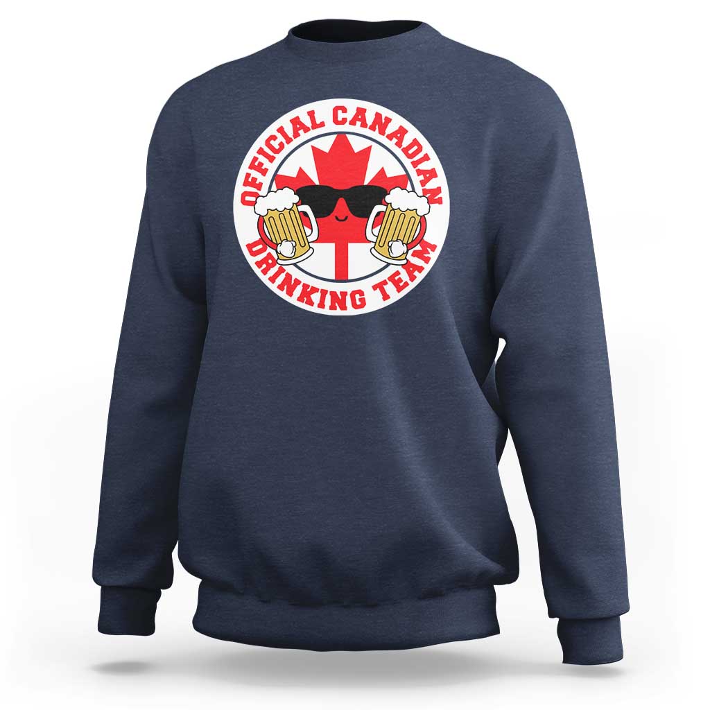 Navy crewneck sweatshirt with front beer-drinking team graphic