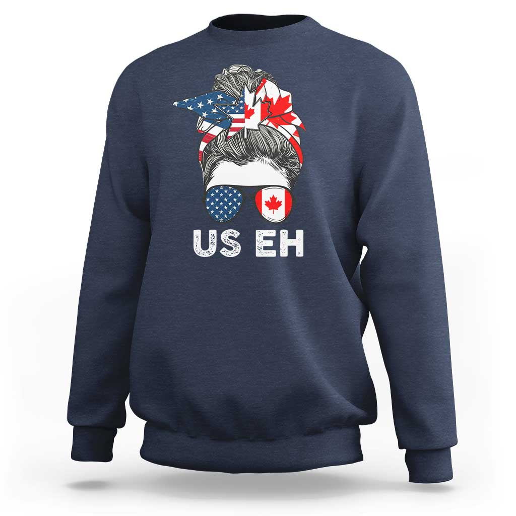 Navy crewneck sweatshirt with US EH graphic and Canada–US flag hair illustration