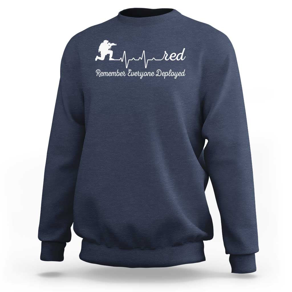 Navy crewneck sweatshirt with white heartbeat graphic and soldier icon on chest