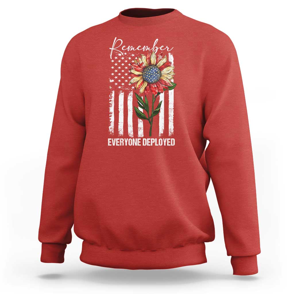 Red crewneck sweatshirt with American flag sunflower graphic on front