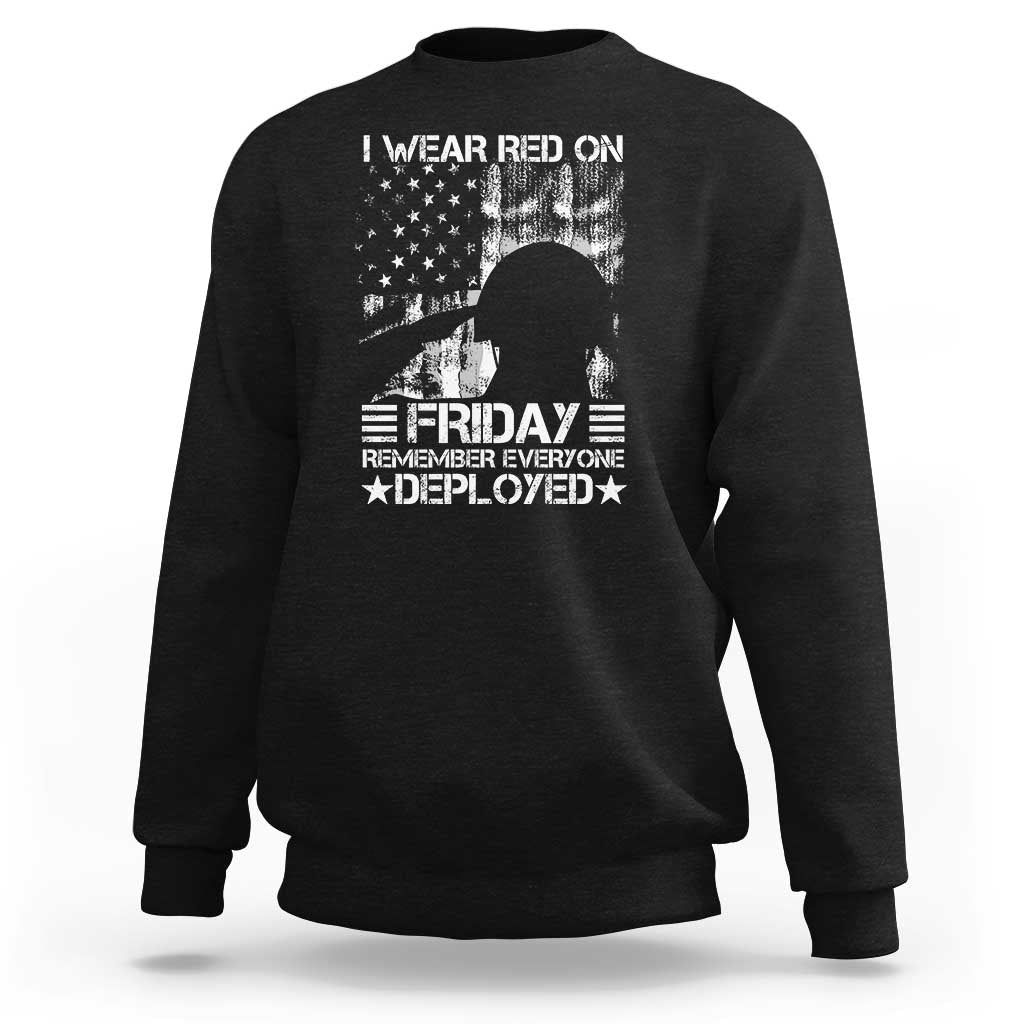 Black crewneck sweatshirt with patriotic “Friday” graphic on front