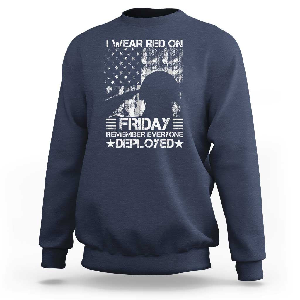 Navy crewneck sweatshirt with patriotic “Friday” graphic on front