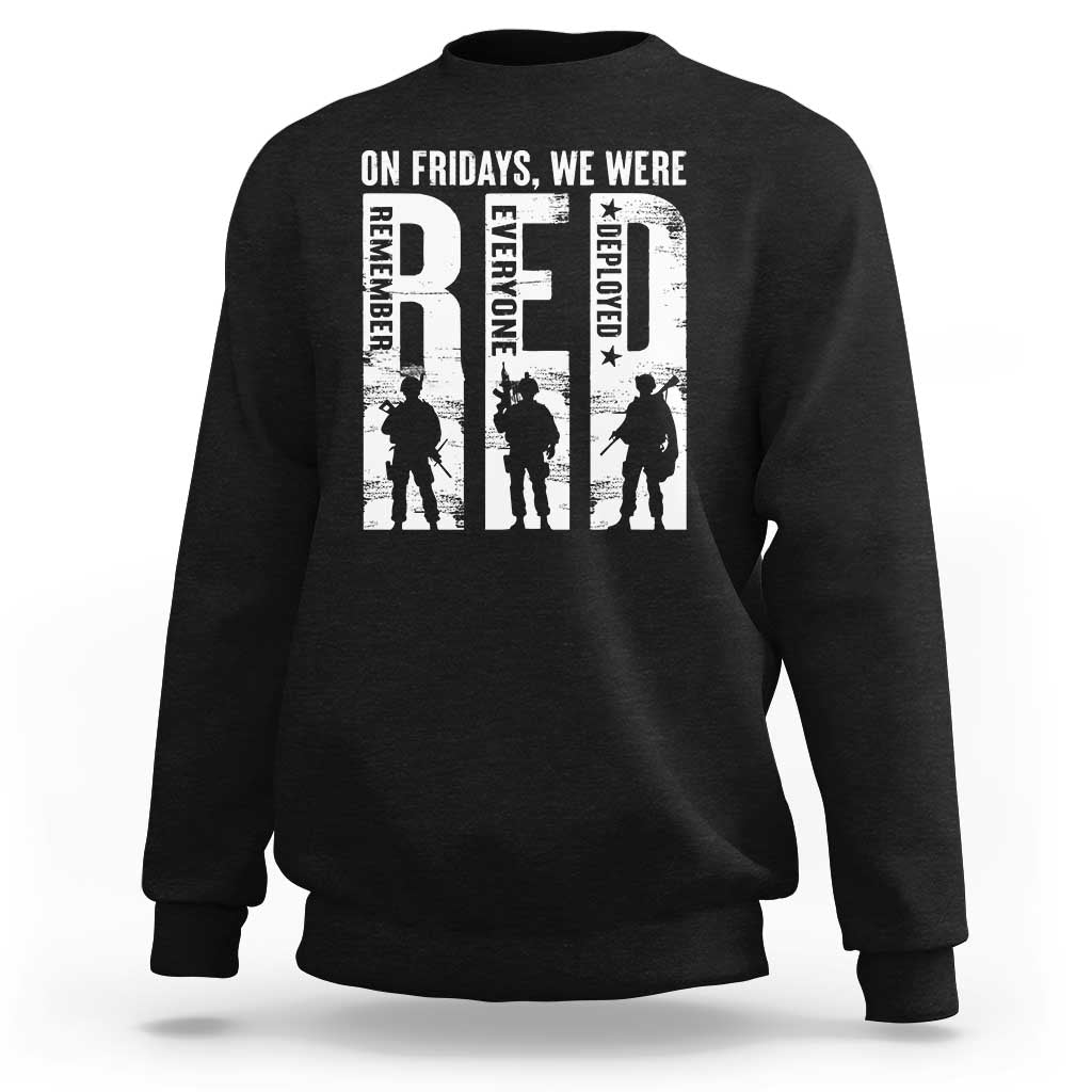 Black crewneck sweatshirt with white graphic text and soldier silhouettes on chest