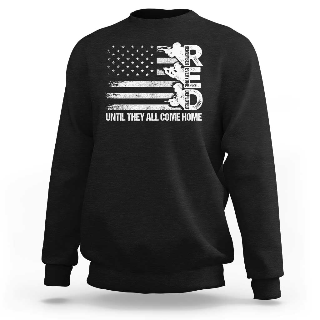 Black crewneck sweatshirt with distressed American flag graphic and “Until They Come Home” text