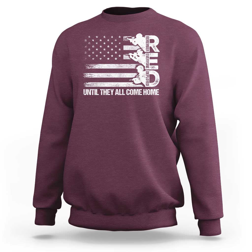 Maroon crewneck sweatshirt with distressed American flag graphic and “Until They Come Home” text