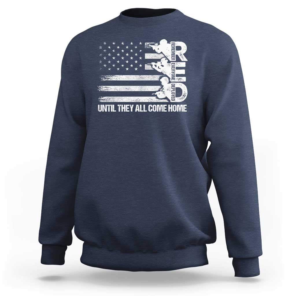 Navy crewneck sweatshirt with distressed American flag graphic and “Until They Come Home” text