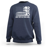 Navy crewneck sweatshirt with distressed American flag graphic and “Until They Come Home” text