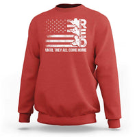 Red crewneck sweatshirt with distressed American flag graphic and “Until They Come Home” text