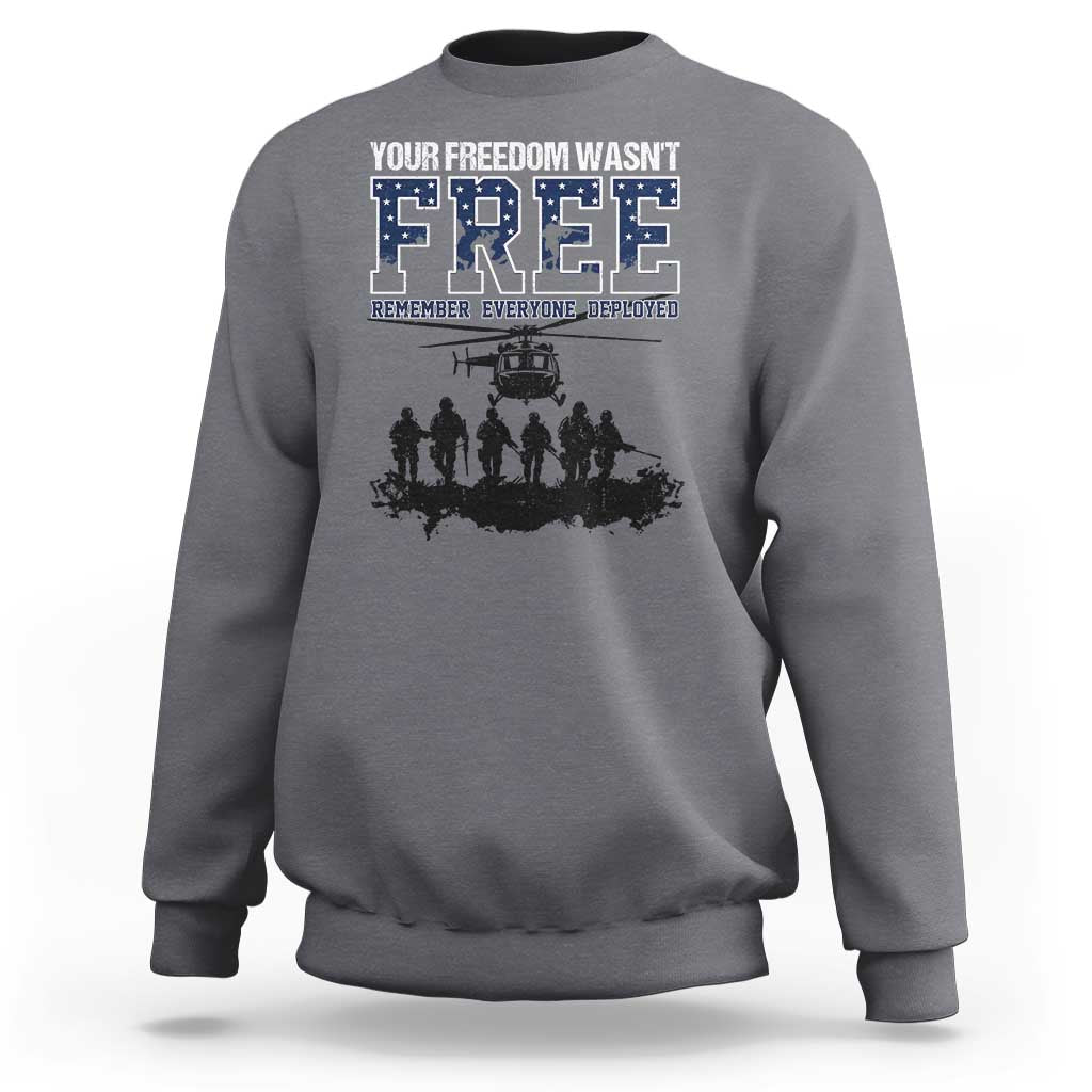 Charcoal gray crewneck sweatshirt with front “Free” graphic and deployed memorial text