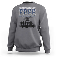 Charcoal gray crewneck sweatshirt with front “Free” graphic and deployed memorial text