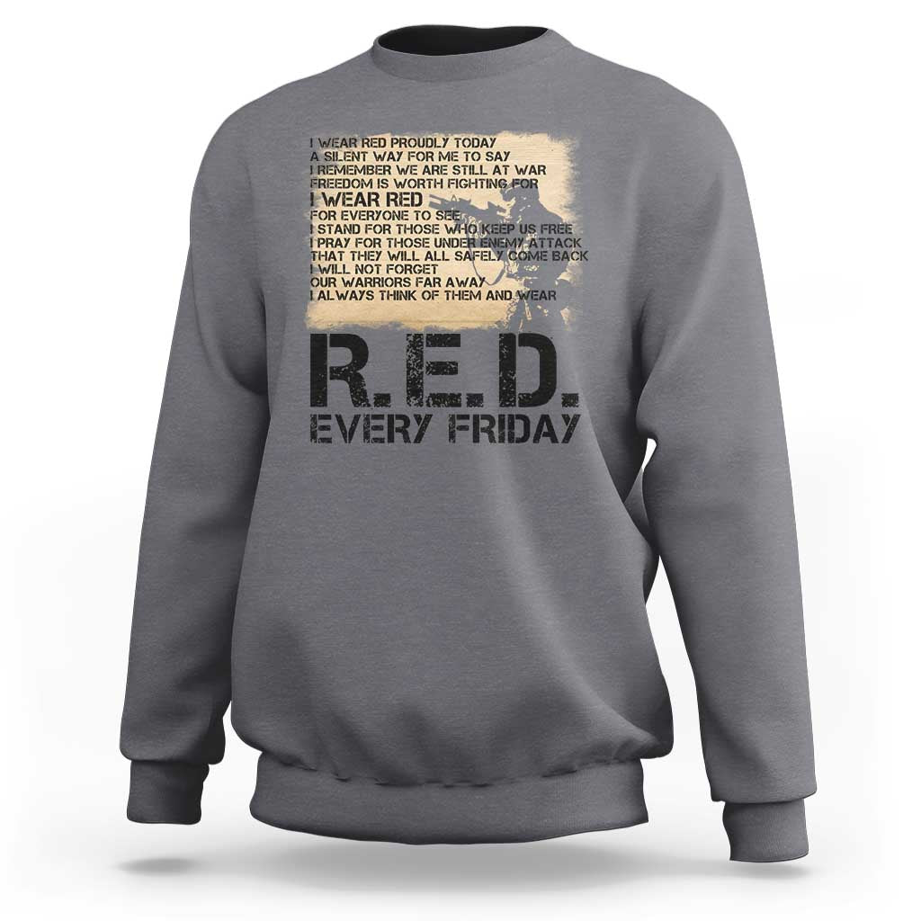 Gray sweatshirt with R.E.D. every Friday front print, crew neck, long sleeves