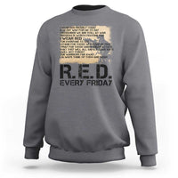Gray sweatshirt with R.E.D. every Friday front print, crew neck, long sleeves