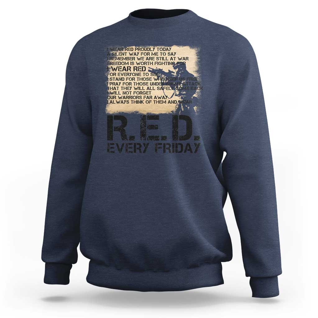 Navy sweatshirt with R.E.D. every Friday front graphic, crew neck, long sleeves