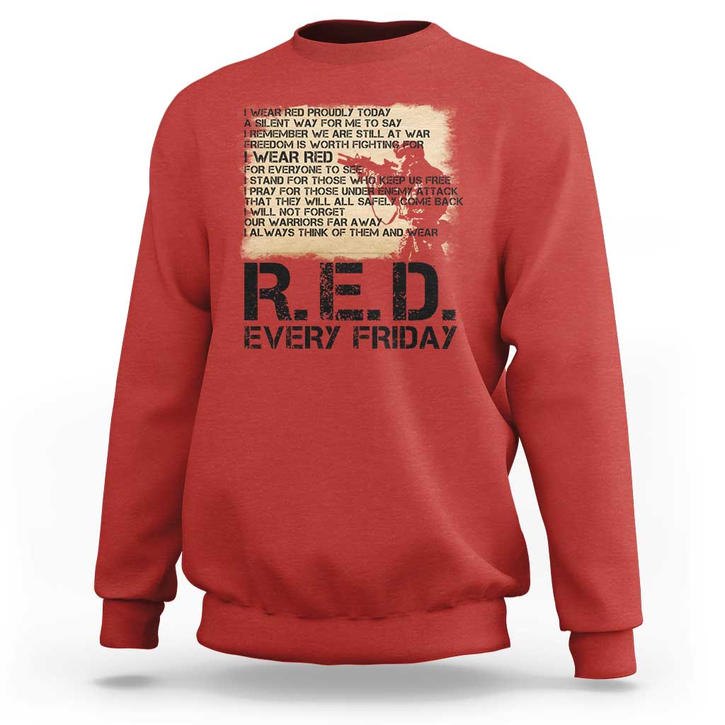 Red sweatshirt with R.E.D. every Friday front graphic, crew neck, long sleeves
