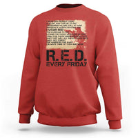 Red sweatshirt with R.E.D. every Friday front graphic, crew neck, long sleeves