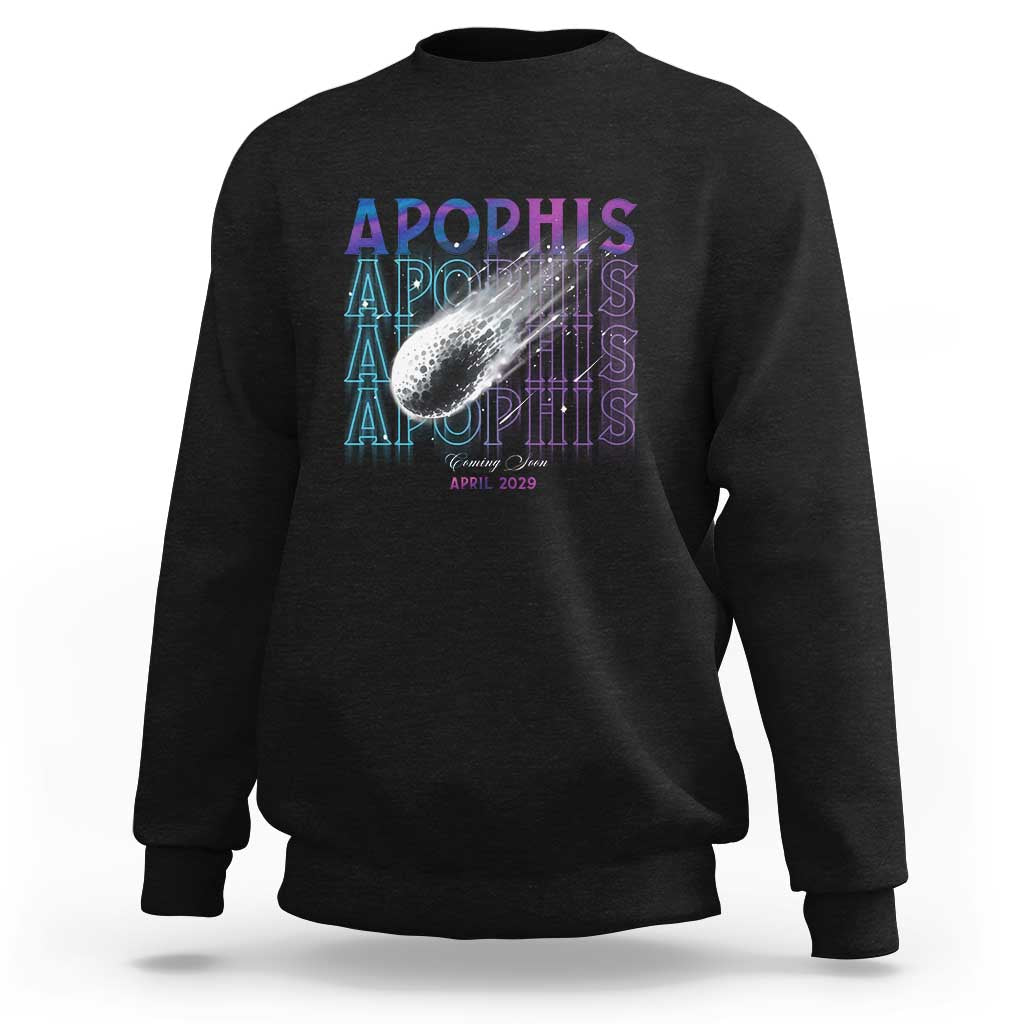 Black crewneck sweatshirt with Apophis space graphic on back, long sleeves